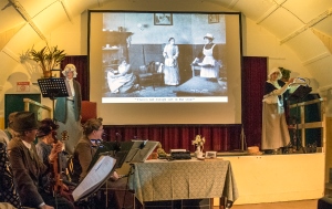 Performers on stage as the Miss Varwells at Throwleigh